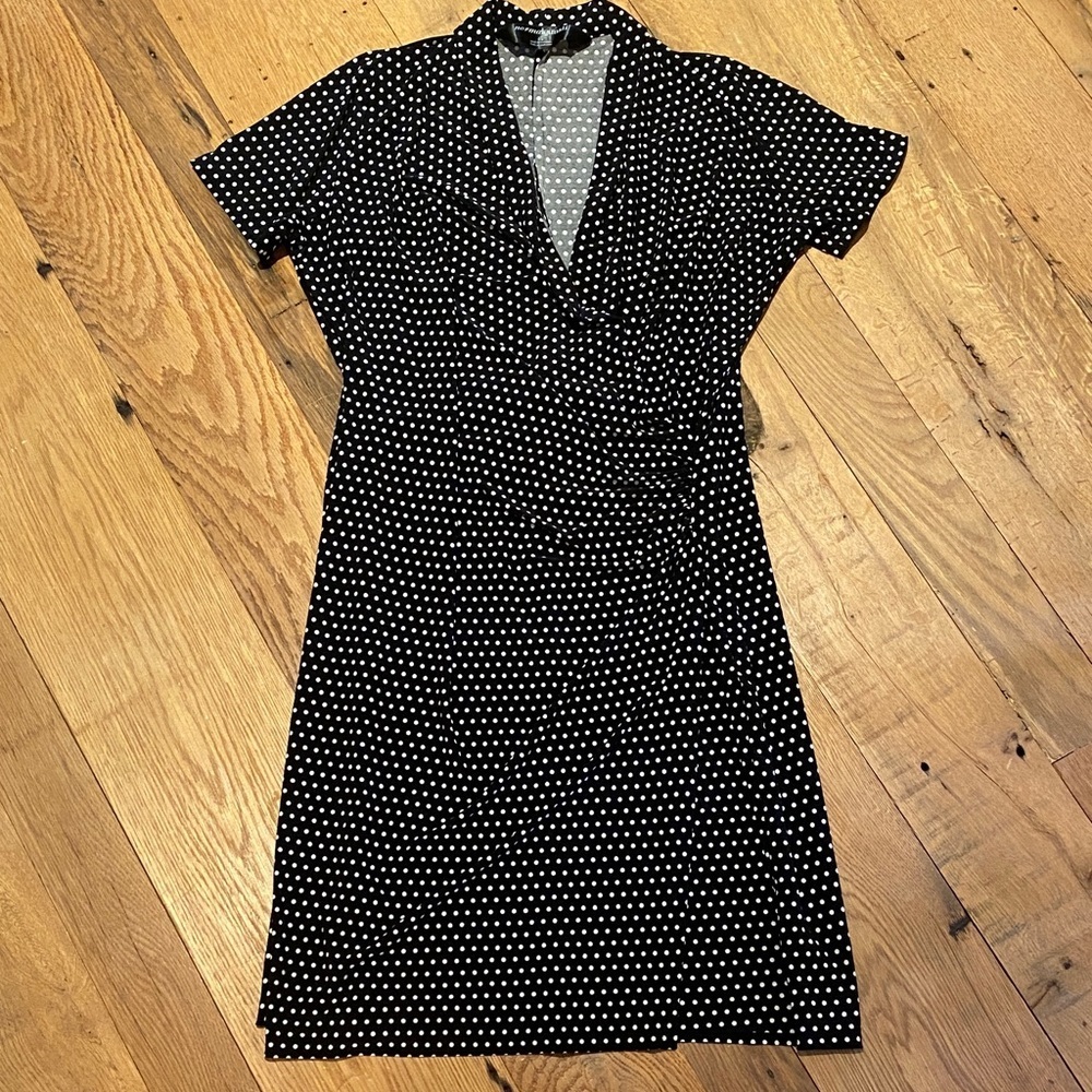 Norma Kamali Baby Polka Dot Faux Wrap Slinky S/S Dress Black & White Sz LARGE